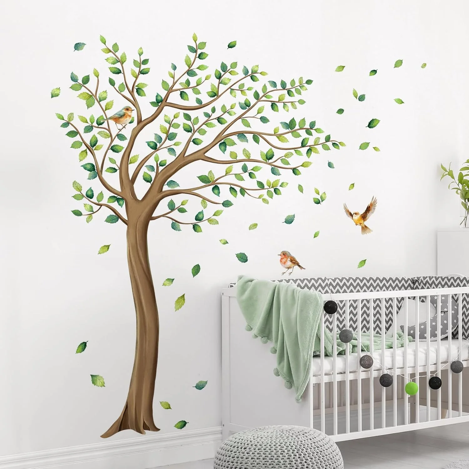 New Fresh Green Plants Big Trees Birds Natural Style Bedroom Wall Sticker Self Adhesive Decorative Decals Home Decor Peel Stick