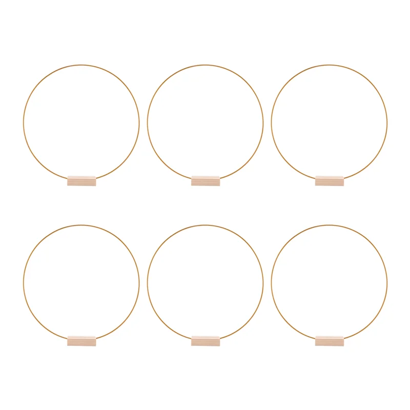 HGHO 6 PCS 12 Inch Iron Circle Wreath Centerpiece For Table, Gold Wreath Ring With 6 PCS Wood Holder Stands, Hoop Rings