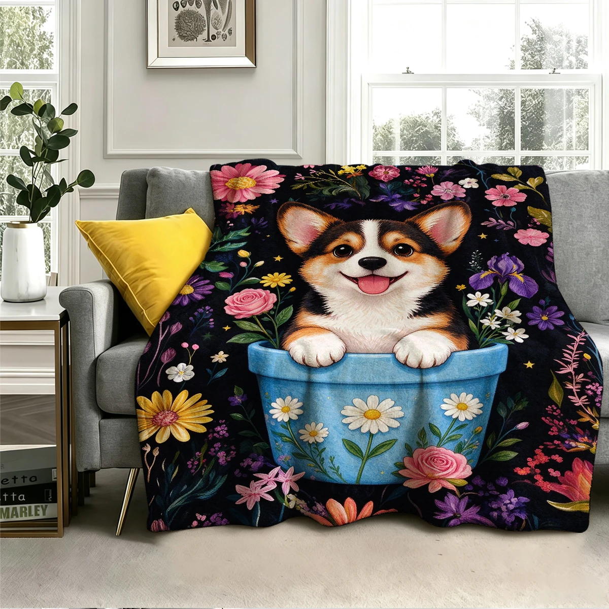 Tricolor Corgi Rose Iris Pot Flannel Blanket Warm Soft Halloween Christmas Decorative Couch Warm Cozy All-Season Gift
