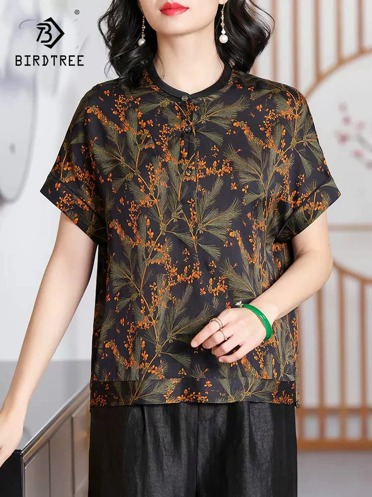 BirdTree 90%Real Silk Elegant Shirt For Women, Short Sleeve Stand, Vintage Printed OL Fashion Blouse, 2024 Spring New T42290QC