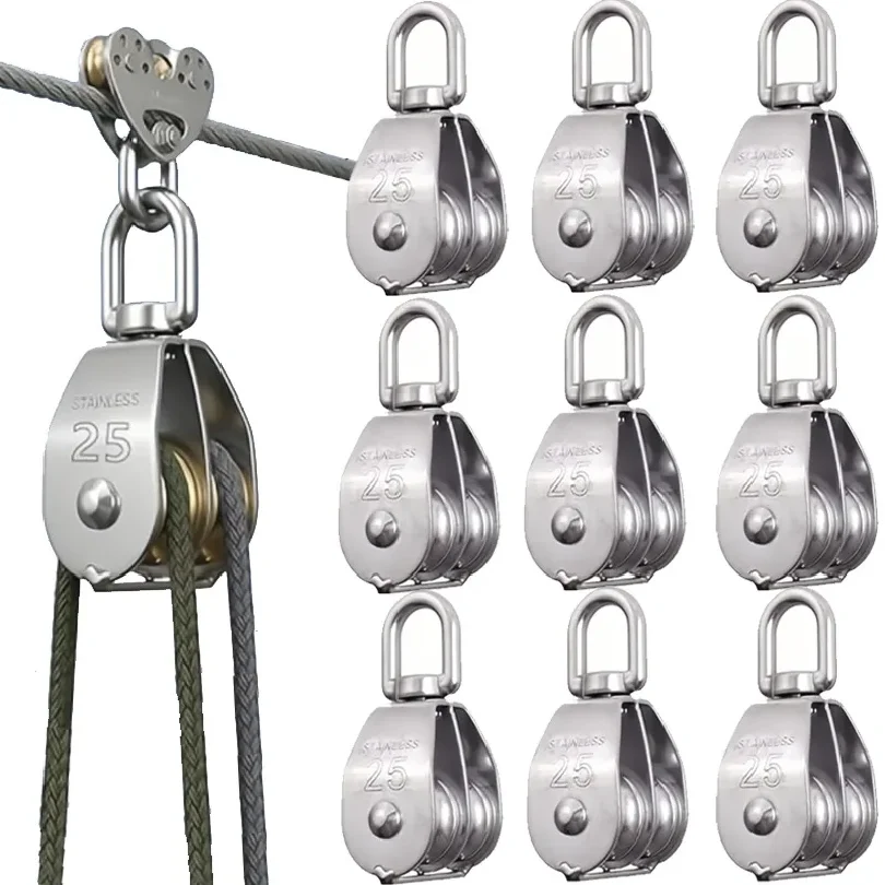 360° Rotation Stainless Steel Crane Pulley Block Wire Rope Lifting Swivel Hook Double Pulley Block Hanging Wire Towing Wheel