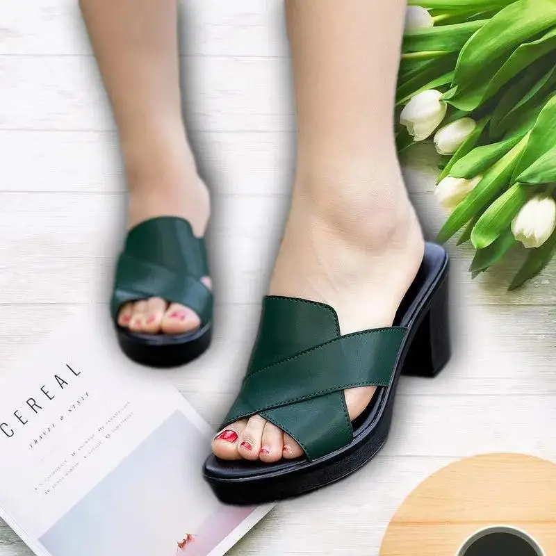 Women Summer New High Heels Slippers Feamle Thick Heel High-heeled Casual Shoes Outdoor Heel Slippers Footwear Zapatos De Mujer