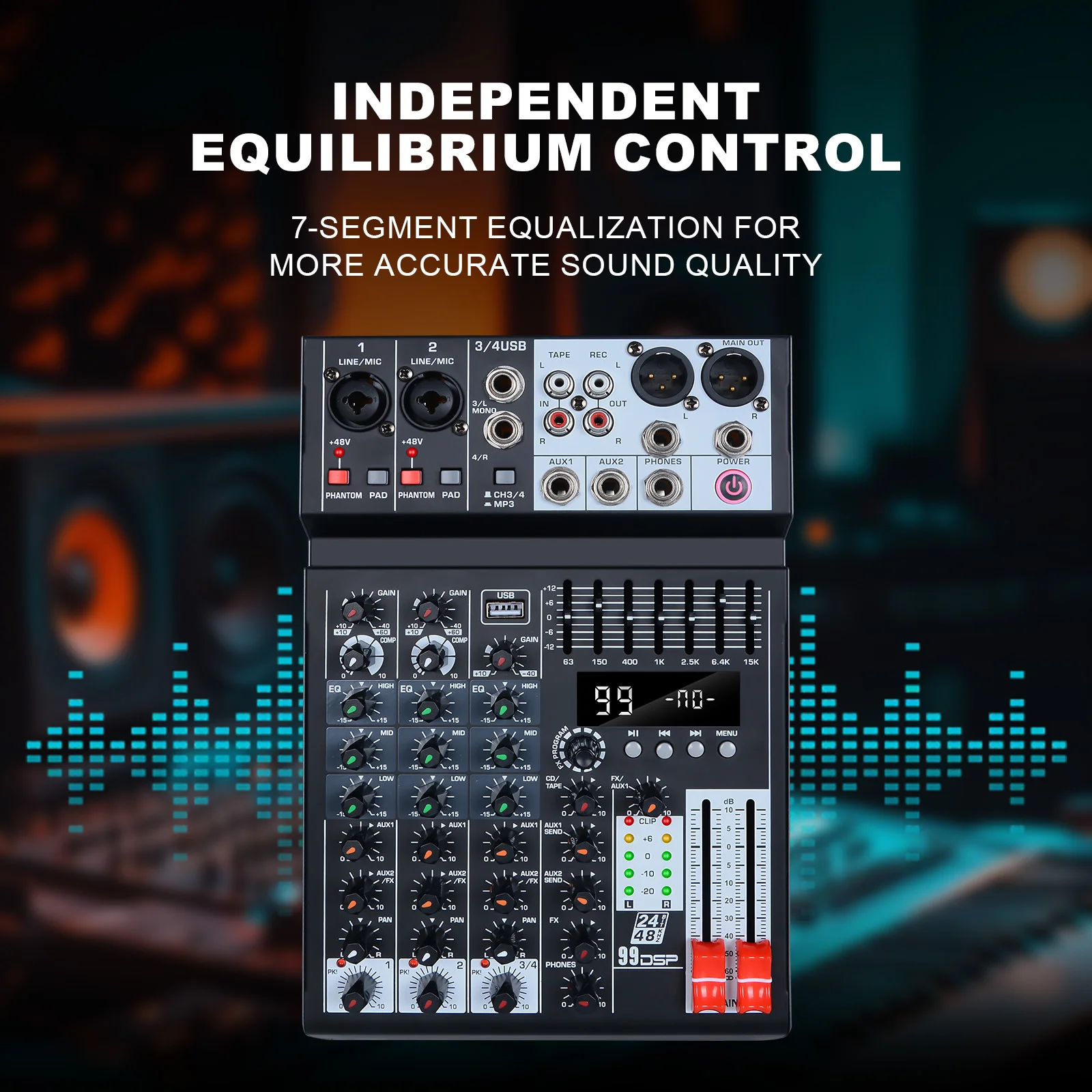 99 effects 4-channel mixing console with balance adjustment function Digital USB Bluetooth Echo Delay Effect 48V Stereo