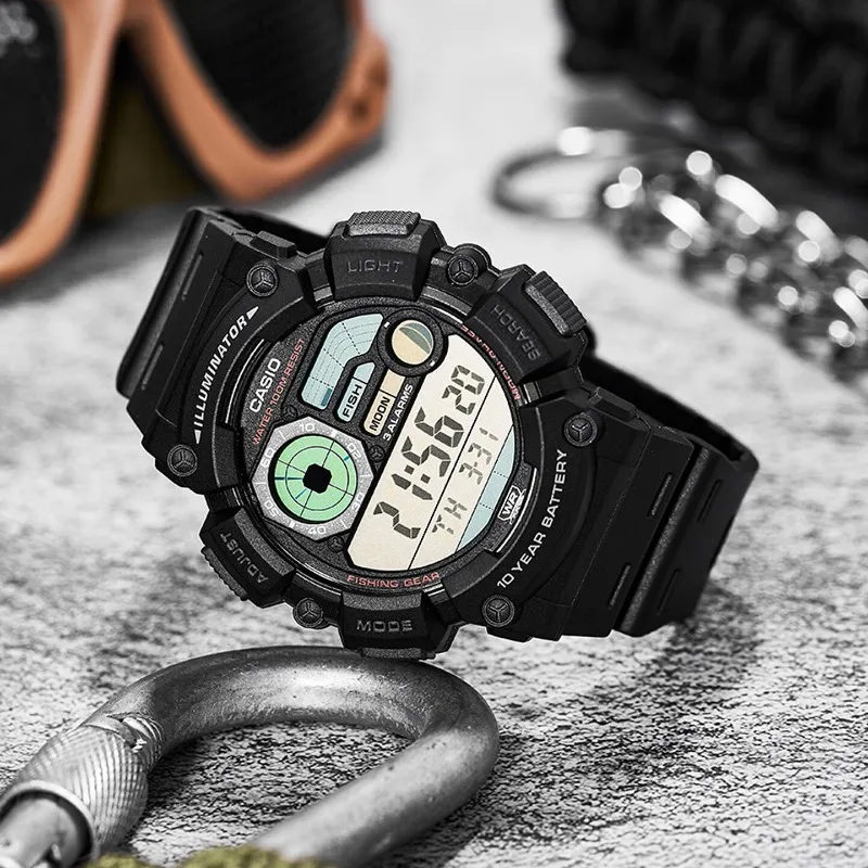 Reloj Digital Casio Serie WS-1500H, Caja Redonda Grande de 50 mm, Resistente al Agua 100M, Luz LED, Fase Lunar, Modo Pesca, Múltiples Alarmas, para Hombres, Deportivo
