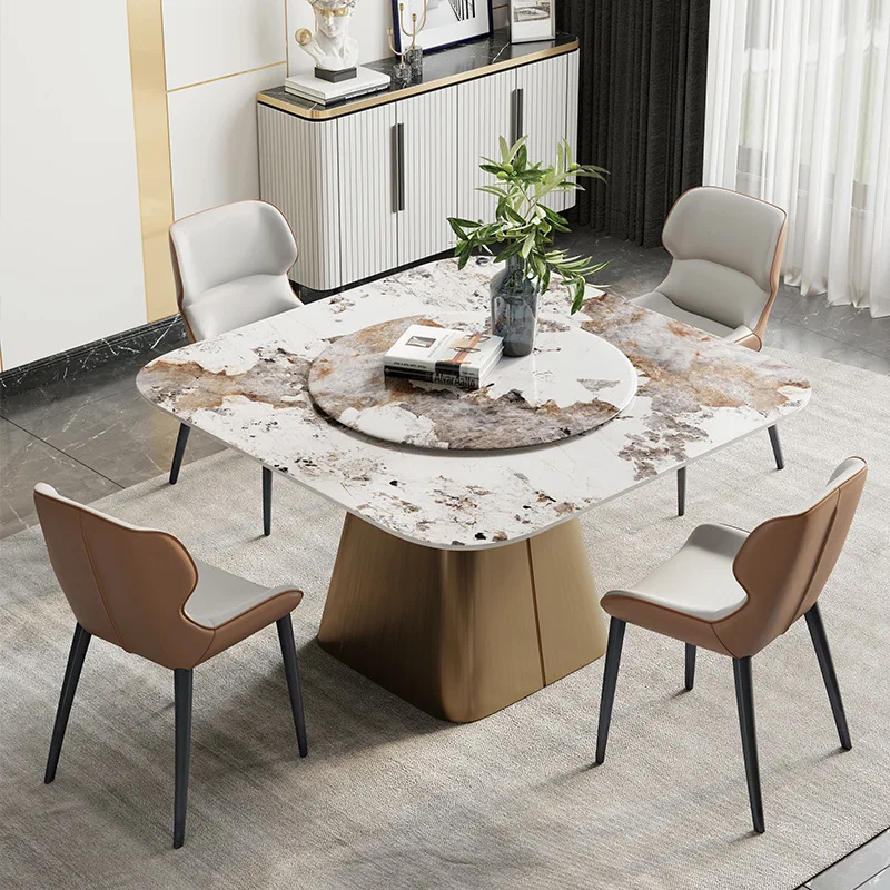Italian minimalist rotating dining table light luxury rock slab household dining table high-end turntable table