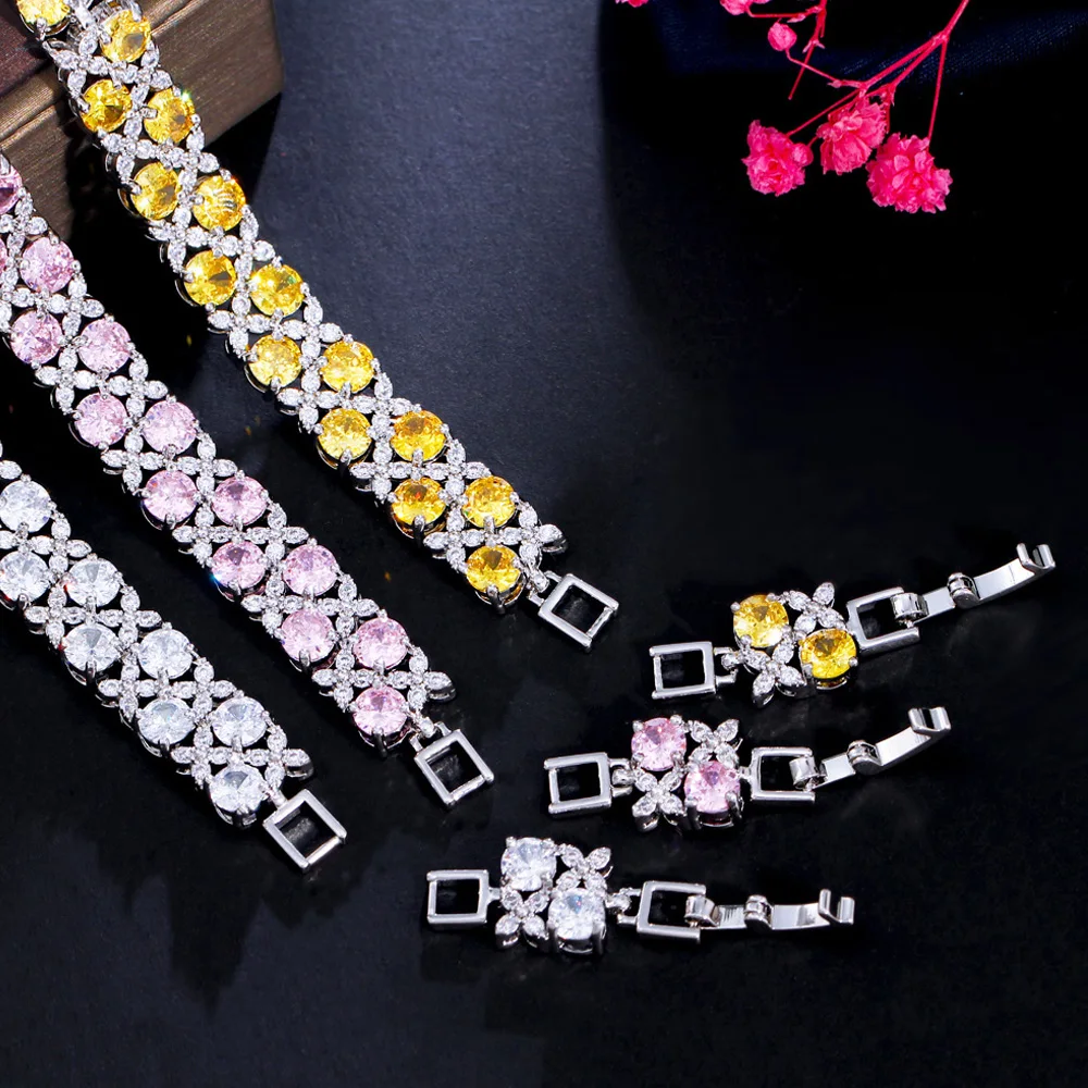 ThreeGraces Luxury Shiny Yellow Cubic Zirconia Leaf Flower Shape Bridal Wedding Party Bracelet for Women Fashion Jewelry BR239