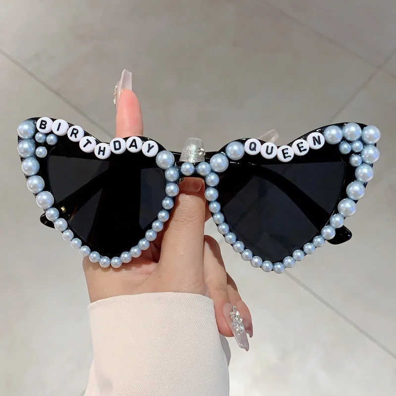 KAMMPT Birthday Queen Letters Pink Shades Heart Shaped Decor Present Glasses White Pearl Party Gift Props Frame for Ladies