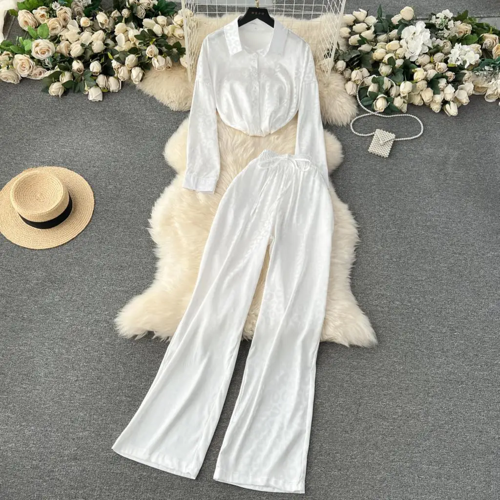 Elegant and Chic Women Fashion Two Pieces Set Vintage Casual Solid Shirts Tops Wide-Leg Pants Outfits Female Party Pantsuits New