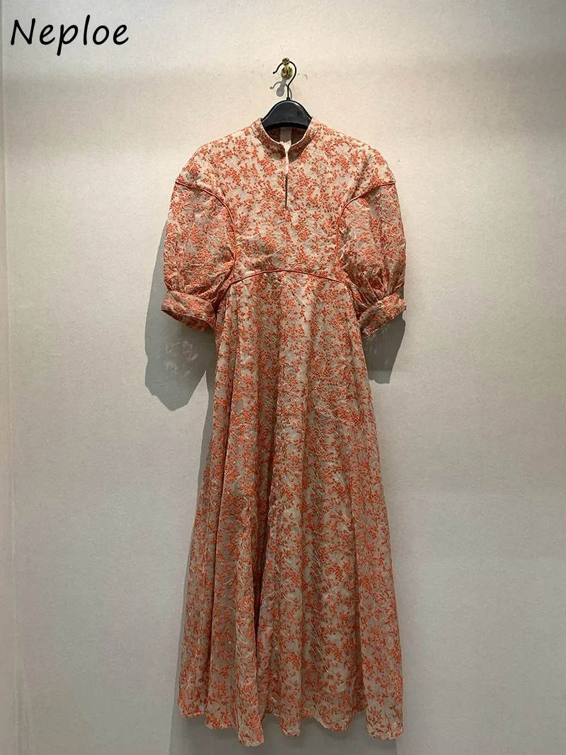 

Neploe Unique Design French Romantic Embroidered Dress Half Open Collar Puff Sleeve Slim Vestidos 2024 Summer New Women Robes