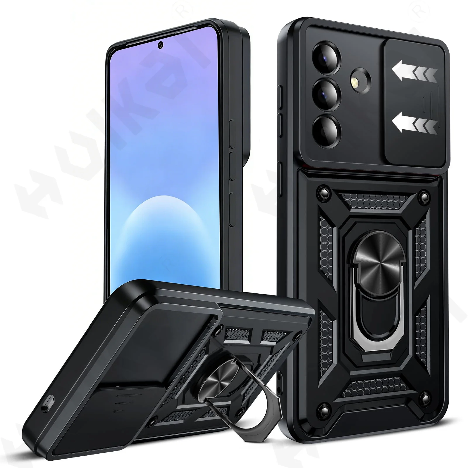 Case For Samsung A57 A37 4G 5G Armor Sliding Camera Cover 360 PC Support Ring and Tpu Case Back Funda Shell Coque
