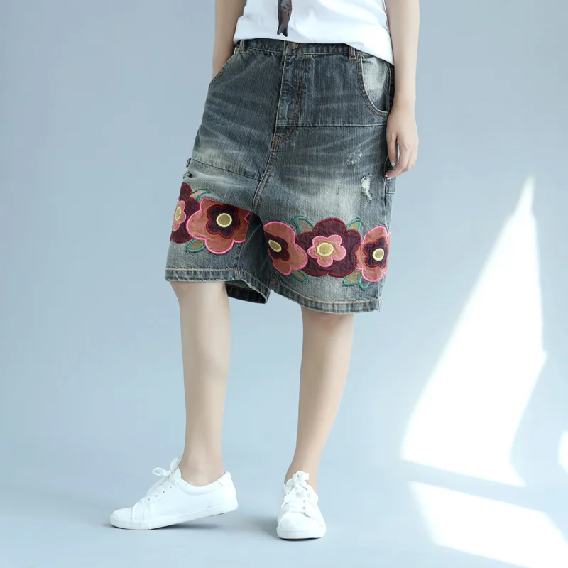 

Denim Pant Women Wide Leg Short Pants Floral High Waist Straight Mom Jeans Trousers Y2k Streetwear Elegant Splice Casual Loose