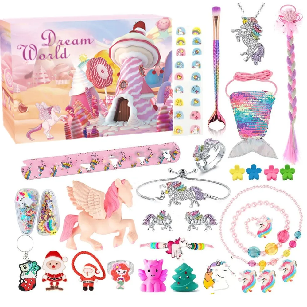 Christmas Advent Calendar Box 24pcs Princess Pretend makeup set jewelry cute unicorn toys snowman elk for Girls Christmas Gifts