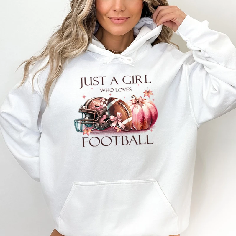 Sweat à capuche imprimé Just A Girl Who Loves Football pour femme, pulls à col rond pour femme, grande taille, cool, automne, hiver, mode