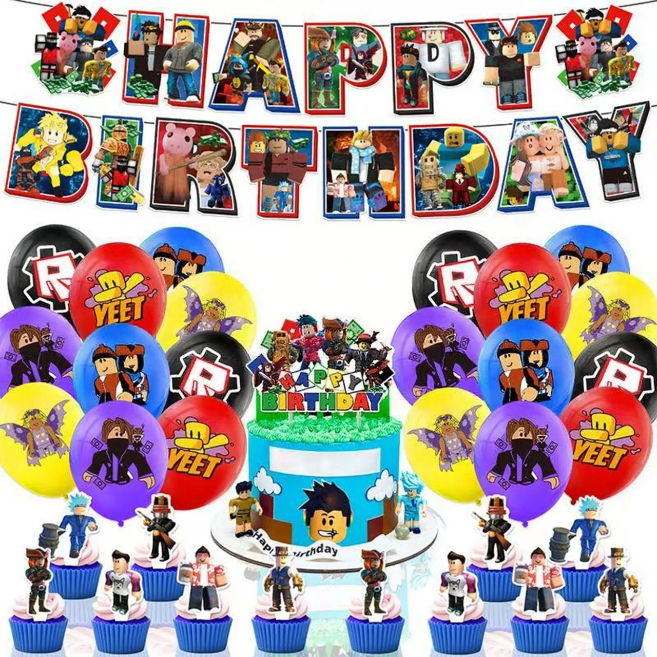 Nowy zestaw dekoracji na przyjęcie urodzinowe ROBLOX, jednorazowe flagi ROBLOX, banery, balony, topper na tort, artykuły imprezowe, prezenty na karnawał dla dzieci.