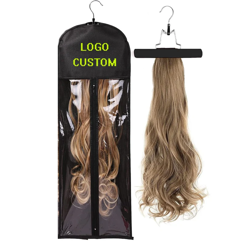 Wig Storage Bag With Wooden Hanger Logo Custom Hair Extension Packing Bags With Hanger Portable Dust Proof Hairpieces Hangers