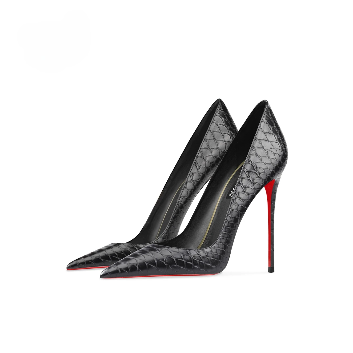 

New Serpentine Leather Black High Heels with Shallow Mouth, Fine Heels, Pointed Points, Sexy and Versatile Women's Shoes