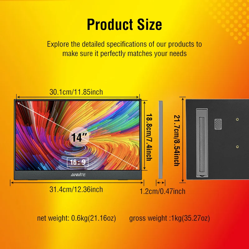 14.1 inch Touch Screen Portable Monitor IPS Second Game Screen Extended Display for Laptop with Bracket For Xbox/Raspberry Pi
