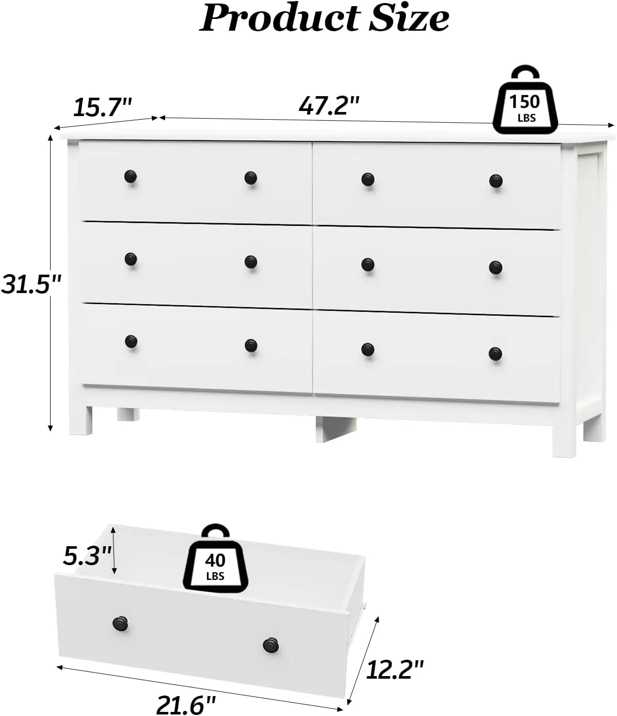 Modern 6 Drawer Double Dresser for Bedroom with Black Knobs, Adults & Kids Wide Dressers & Chests of Drawers for Hallway, Entryw