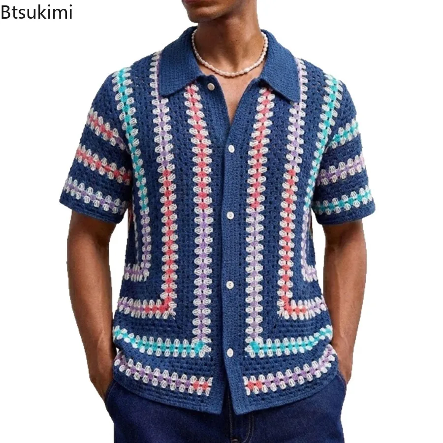 Summer New Men's Knitted Hollow Out Polo Shirts Fashion Short Sleeve Cardigan Tops Retro Ethnic Style Premium Crochet Knit Shirt