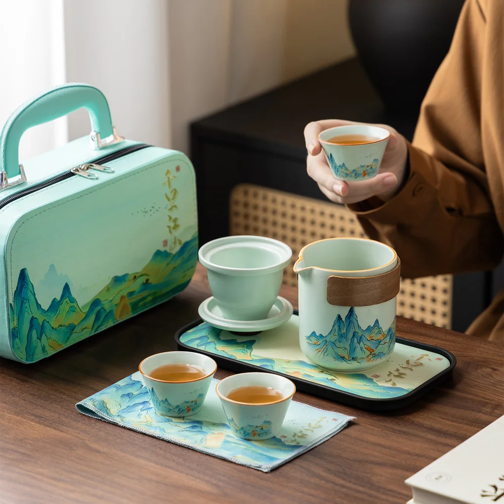 With Travelling Bag 4 Cups Chinese Kung Fu Tea Set Travel Set Ceramic Portable Teapot Porcelain Teaset Gaiwan Tea Cups Tea Tool