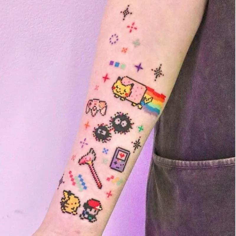 Autocollant de tatouage Pokémon, style pixel art rétro, dessin animé mignon, tatouage temporaire durable, nouvelle mode, créativité, ornement, cadeaux, nouveauté