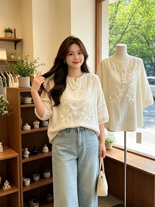 

plus Size Chinese Style Embroidered round Neck Half Sleeve Shirt Women Summer Breathable Loose Slimming Top Korean Commute Style