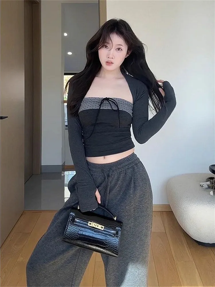 

Korean Design Long Sve T-irt Women Early Spring Spicy Girl Slim Fit Two Piece Set Base irt Top Color Blo Belt Detail