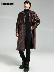 Nerazzurri Autumn Oversized Cool Brown Long Pu Leather Trench Coat Men Double Breasted Luxury Designer Punk Syle Clothes 2023