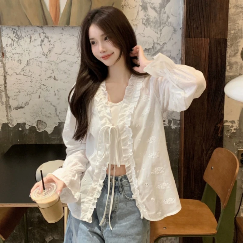 French Style Ruffles Cardigan Women Long Sleeve Solid Color Lace-up Blouse Office Lady Korean Style Casual Versatile Tops Female