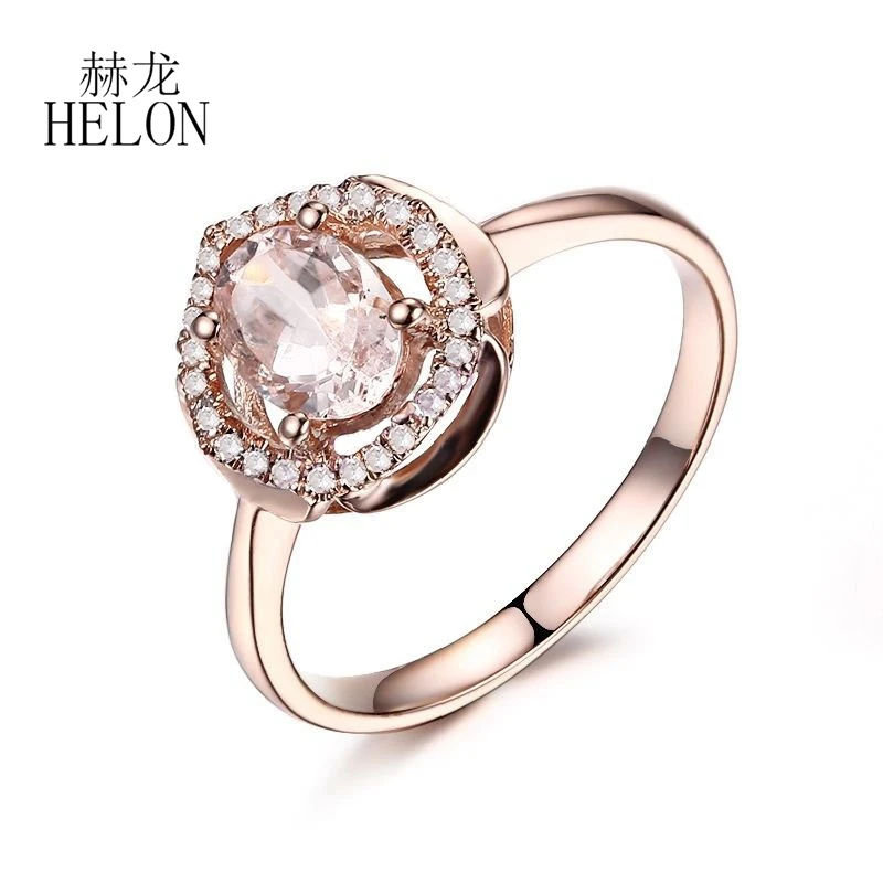 HELON Solid 14K Rose Gold Oval 7x5mm Natural Morganite Diamonds Engagement Ring Women Diamond Wedding Bride Anniversary Gifts