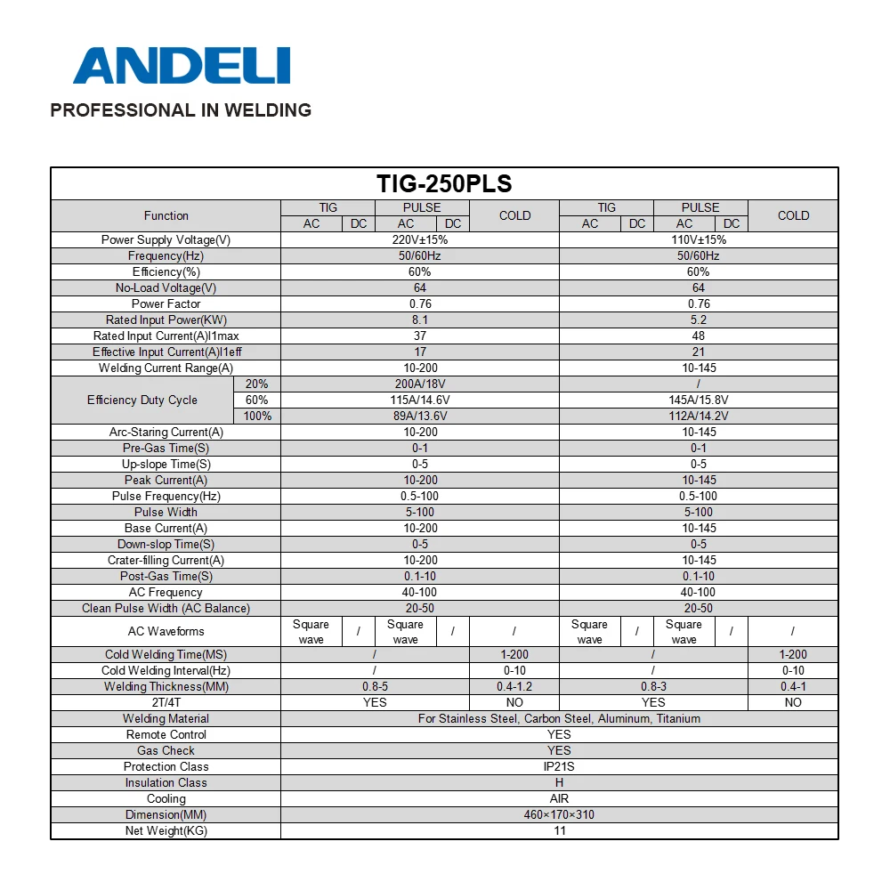 Saldatrice TIG ANDELI 110/220V TIG-250PLS saldatrice a freddo AC/DC saldatrice a freddo TIG Pulse saldatrice a freddo