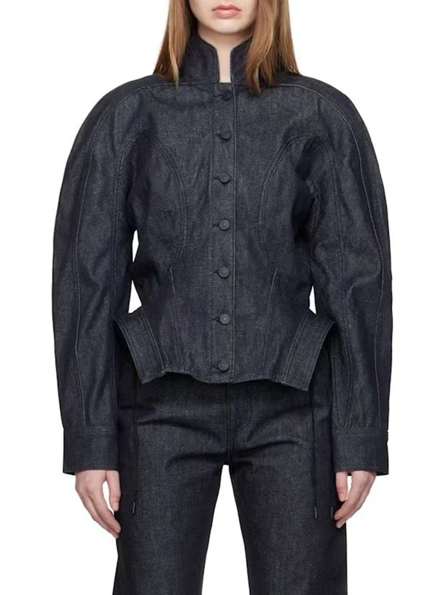 TWOTWINSTYLE Jaket Fashion Wanita dengan Kancing Logam, Model Slimming, Kerah Tegak, Lengan Panjang, Pinggang Tinggi, Gaya Cowboy