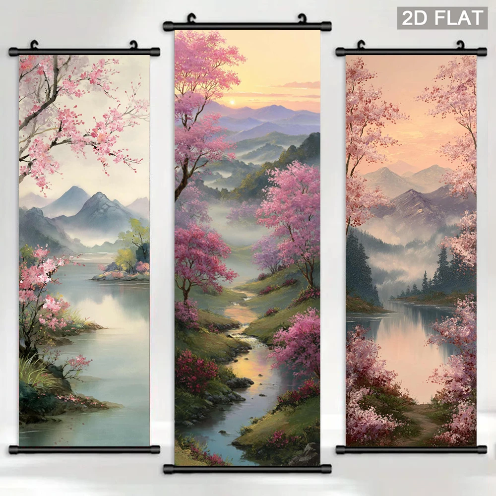 VIKAMA Chinese-Style Cherry Blossom Landscape Scroll Tapestry, Mist-Shrouded Sunrise Landscape Wall Decor, Home Decor