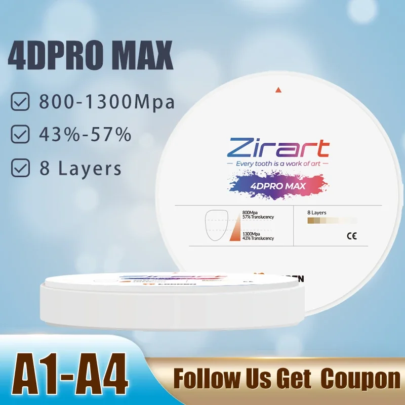 

Zirart 4DPRO MAX Multilayer Zirconia Block Dental Lab 98X10-25mm VITA16 Colors 8Layers for CAD CAM Material Strength 800-1300Mpa