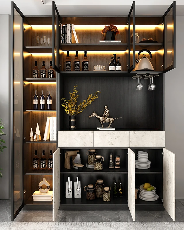 Light luxury high-end glass wine cabinet integrated against the wall