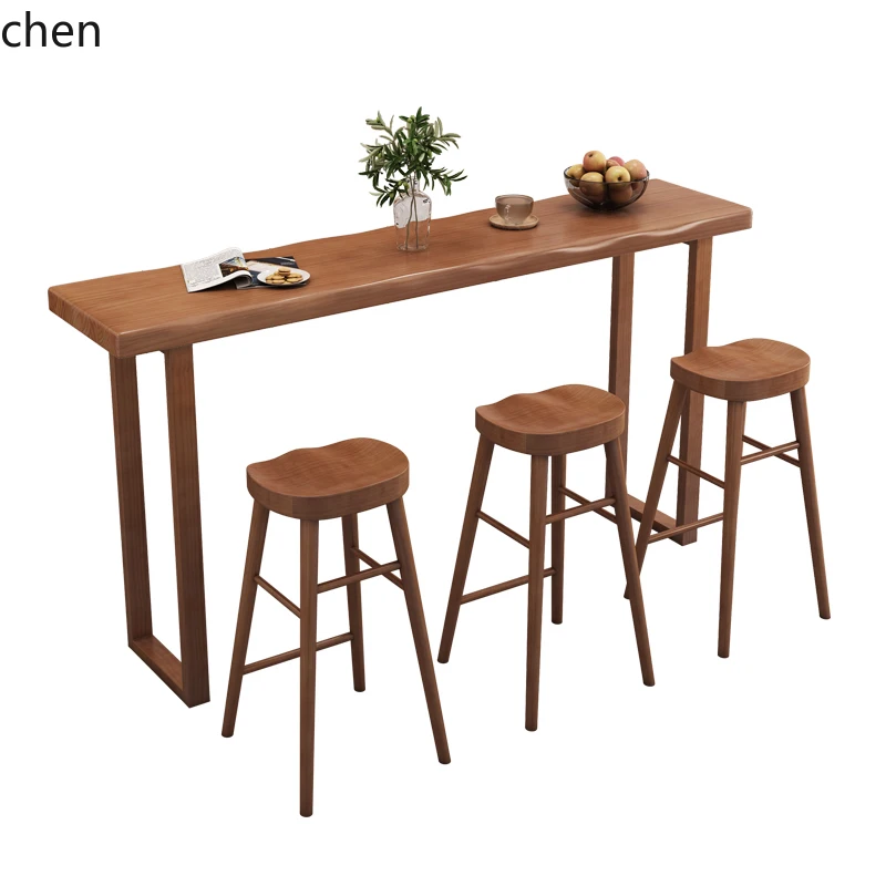 

ZML Simple Solid Wood Bar Table Home Balcony High Stool Table Cafe Table and Chair Set