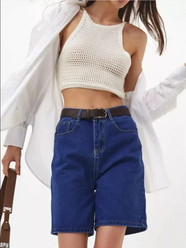 

Women's Loose Denim Shorts Solid Color Low Rise Wide Leg Shorts with Pockets Summer Casual Jeans Mid Pants Streetwear