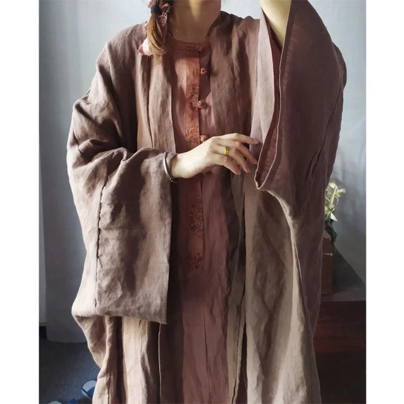 

2025 New Arrival Spring/summer Women Loose Casual Good Quality Cotton Linen Long Coat V-neck Open Stitch Trench