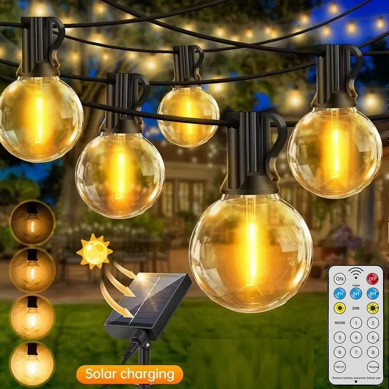 G40 String Lights Outdoor Solar Powered + USB Charging Shatterproof G40 LED Bulbs Dimmable Waterproof Hanging Fairy Lights