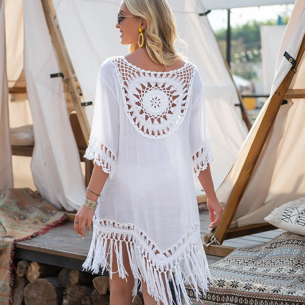 MOONBIFFY Bikini Cover Up With Fringe Trim Women Sexy Hollow Tunic Beach Dress Summer Bathing Suit Beachwear