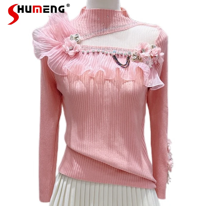 

Women 2025 Autumn Winter New High Neck Knitted Tops Fashion Chic Rhinestone Lotus Leaf Edge Mesh Gauze Splicing Knitted Sweaters