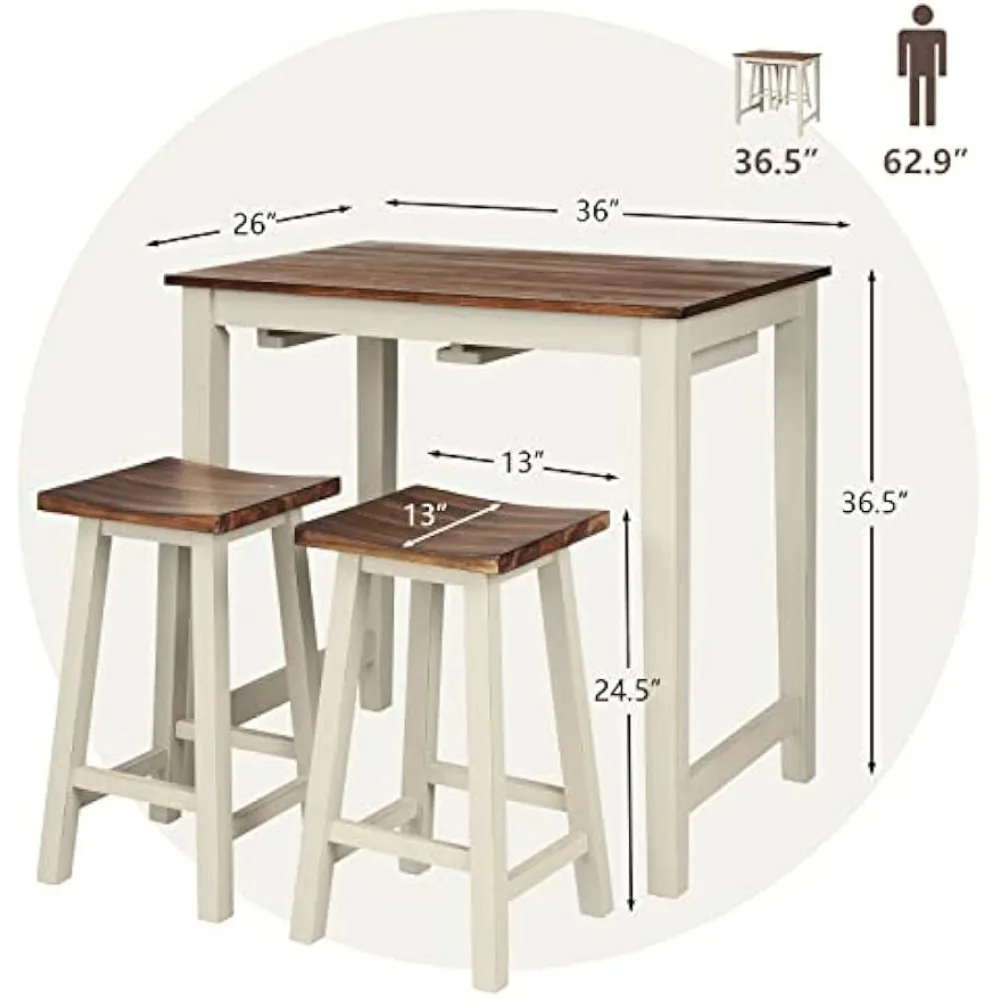 3 Pieces Dining Set, Counter Height Pub Table Set with 2 Saddle Stools, Industrial Wood Breakfast Table Set for Bar