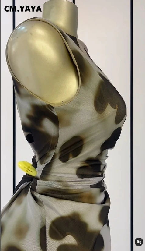 CM.YAYA المرأة س الرقبة بلا أكمام شبكة طباعة تانك ماكسي فستان طويل 2025 الصيف عارية الذراعين عيد ميلاد مثير نادي فساتين السهرة