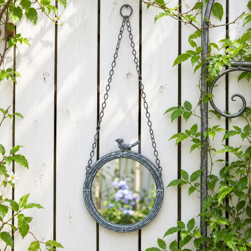 Vintage Round Hanging Mirror with Bird, Rustic Metal Wall Mirror with Chain, Small Farmhouse Decorative Mirror for Home Garden