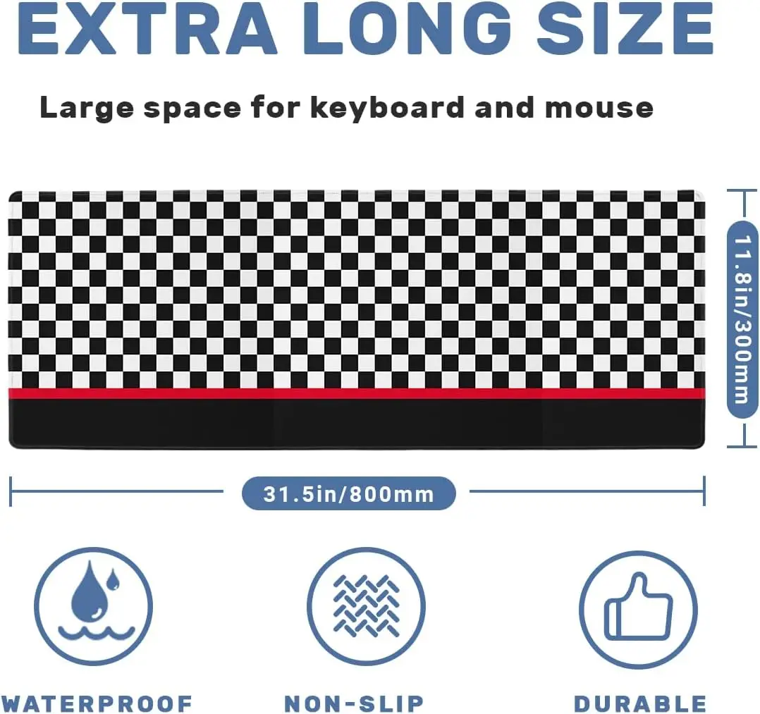 Racing Checkerboard Desk Mat, Black White Red Stripe Large Gaming Mouse Pad, Non-Slip Keyboard Pad for Gamer Home Office Decor