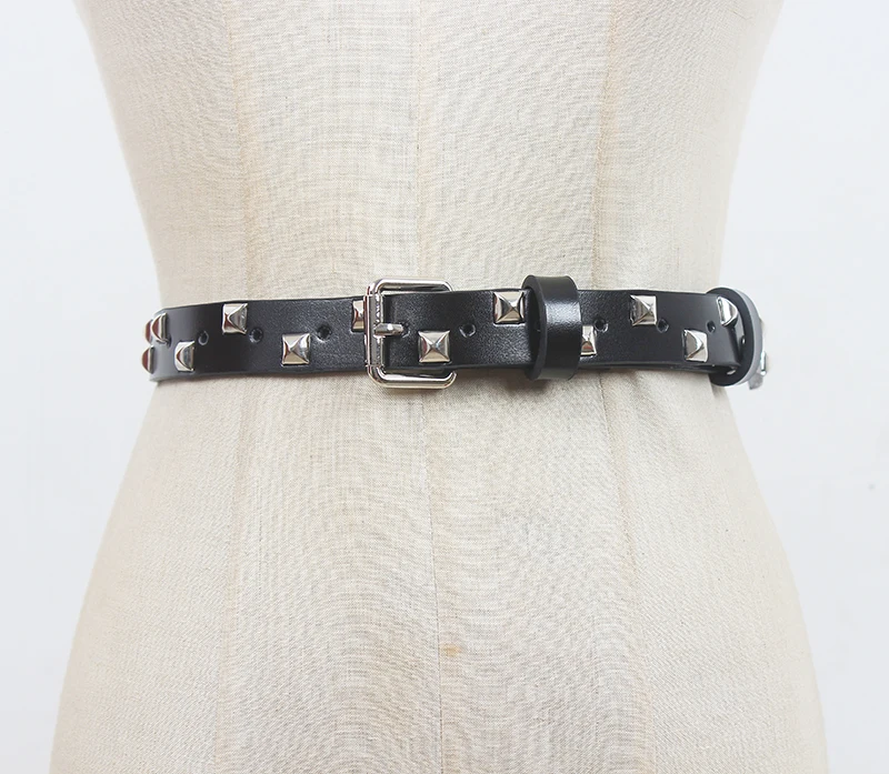 

Women's Runway Fashion Rivet Genuine Leather Cummerbunds Female Dress Corsets Waistband Belts Decoration Narrow Belt R1584