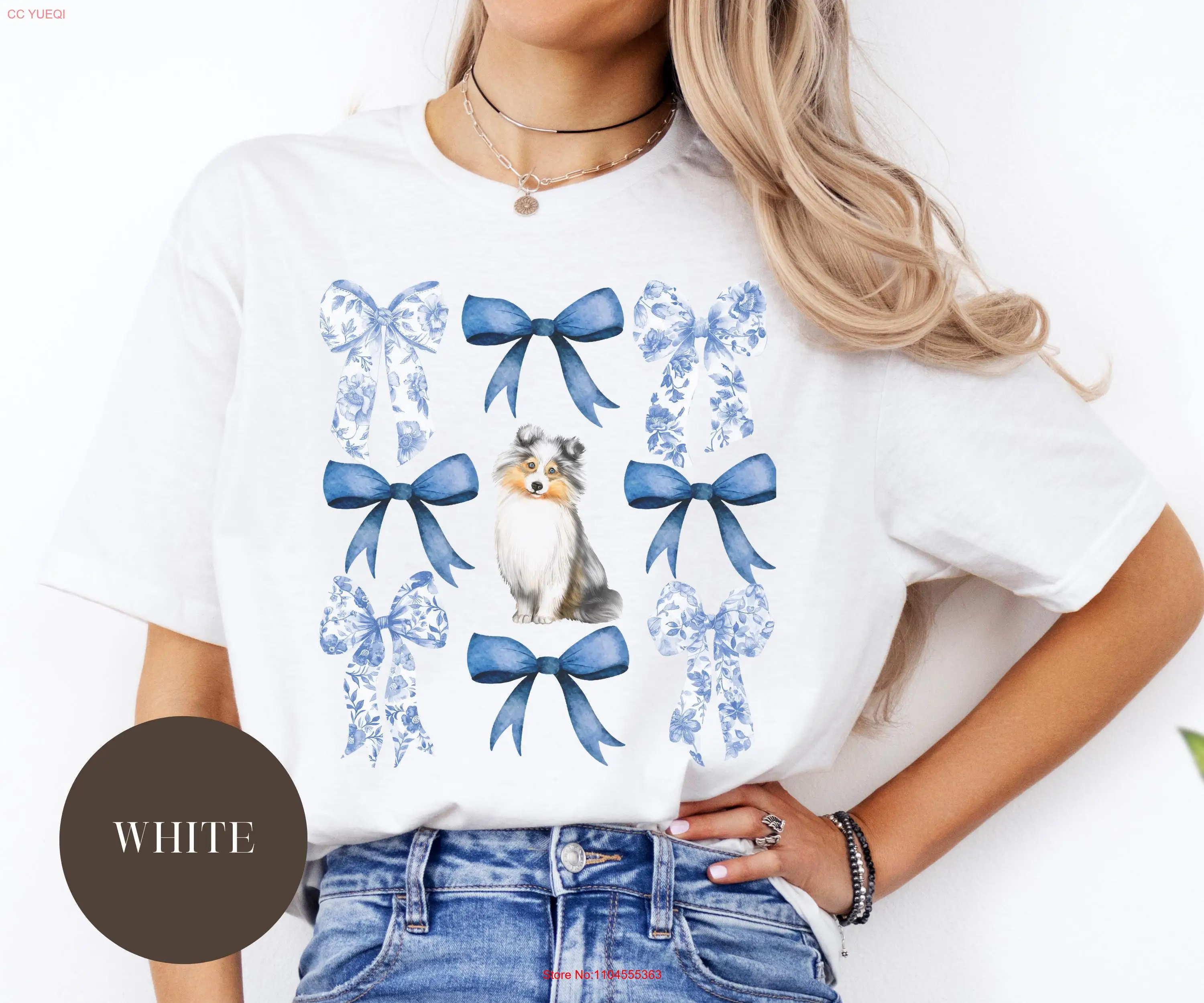 

Sheltie Toile Bow T Shirt Cute Shetland Sheepdog Coquette Dog Mom Lover Herding Dogs long or short sleeves