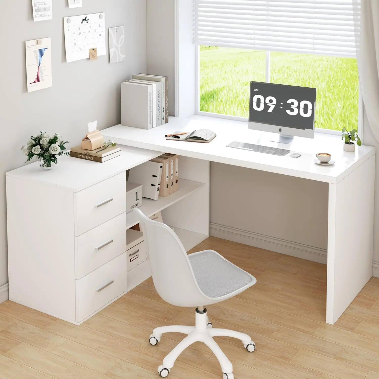 Hsh White L-Shaped Computer Desk With 3 Drawers And 2 Shelves, Reversible Home Office Corner Desk For Writing Study Work