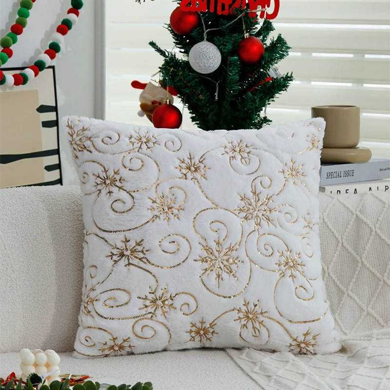 

Christmas Gold Snowflake Cushion Cover Plush Imitation Rabbit Fur 45x45cm for Living Room Sofa Christmas Supplies Pillowcase