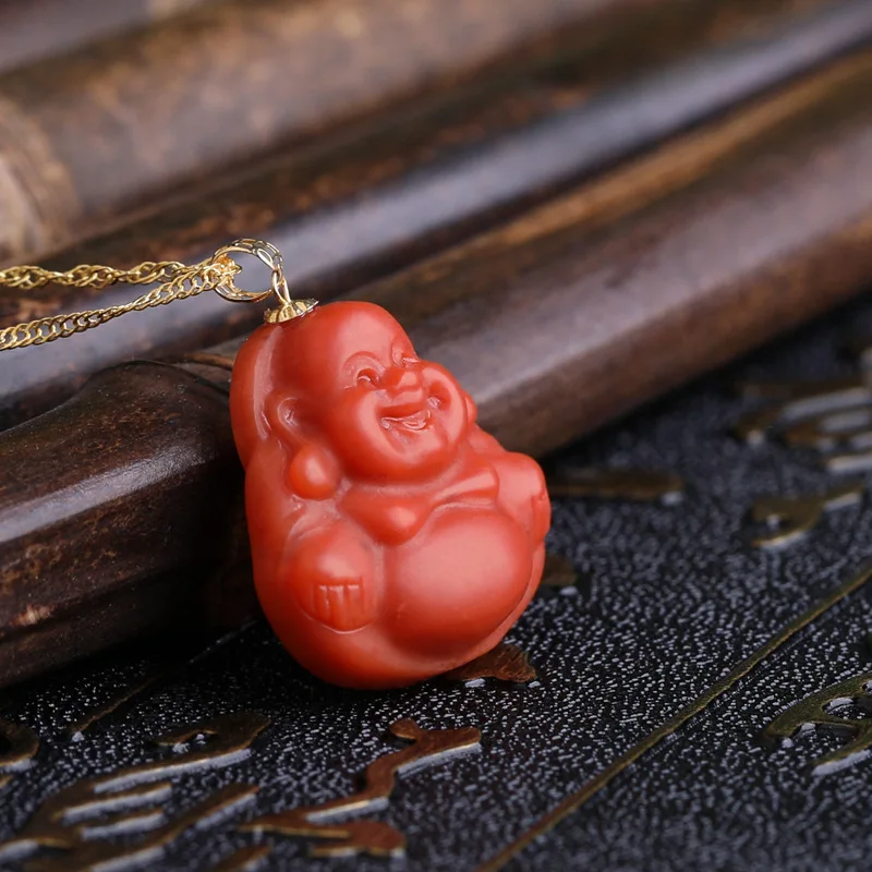 18K Gold Inlaid Southern Agate with Certificate Red Jade Laughing Maitreya Buddha Pendant for Women